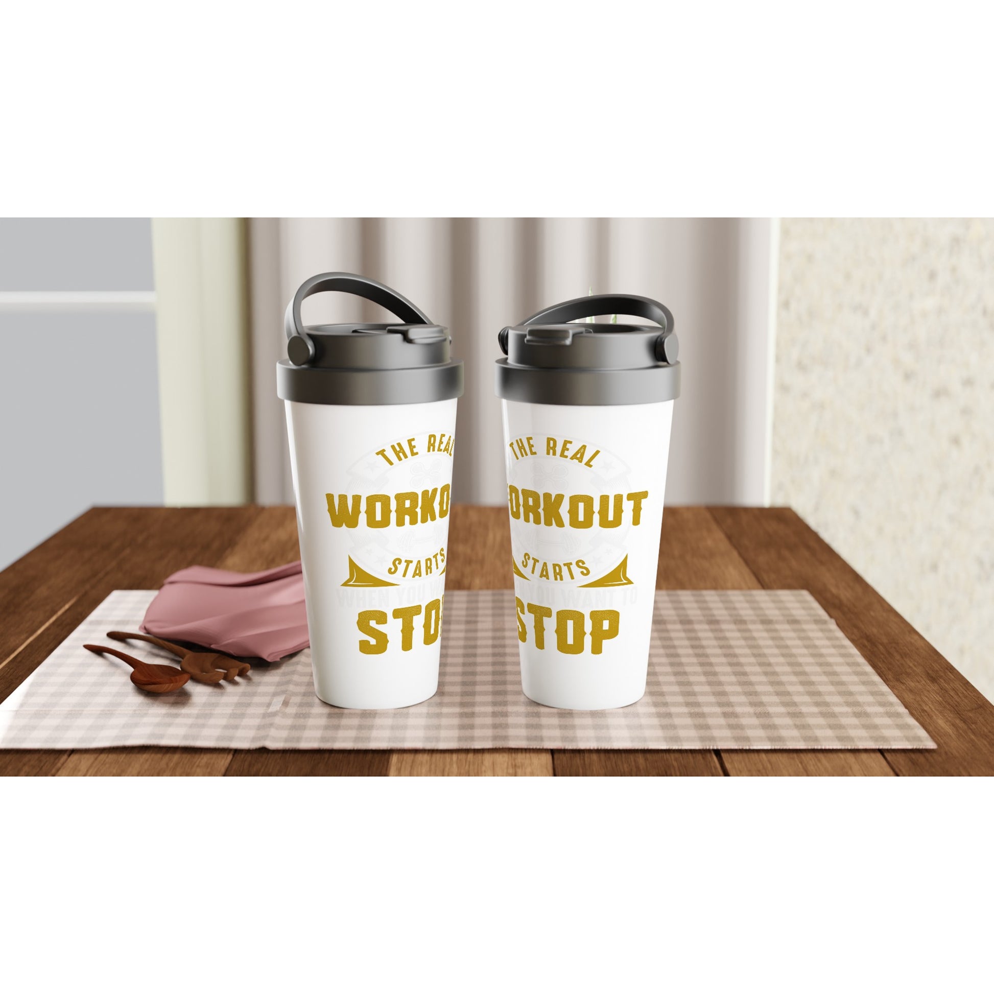 workout - White 15oz Stainless Steel Travel MugThis 15oz stainless steel travel mug will keep your drinks at their desired temperature for hours and its leak-proof design means it won’t spill, no matter where youworkout - White 15oz Stainless Steel Travel Mug