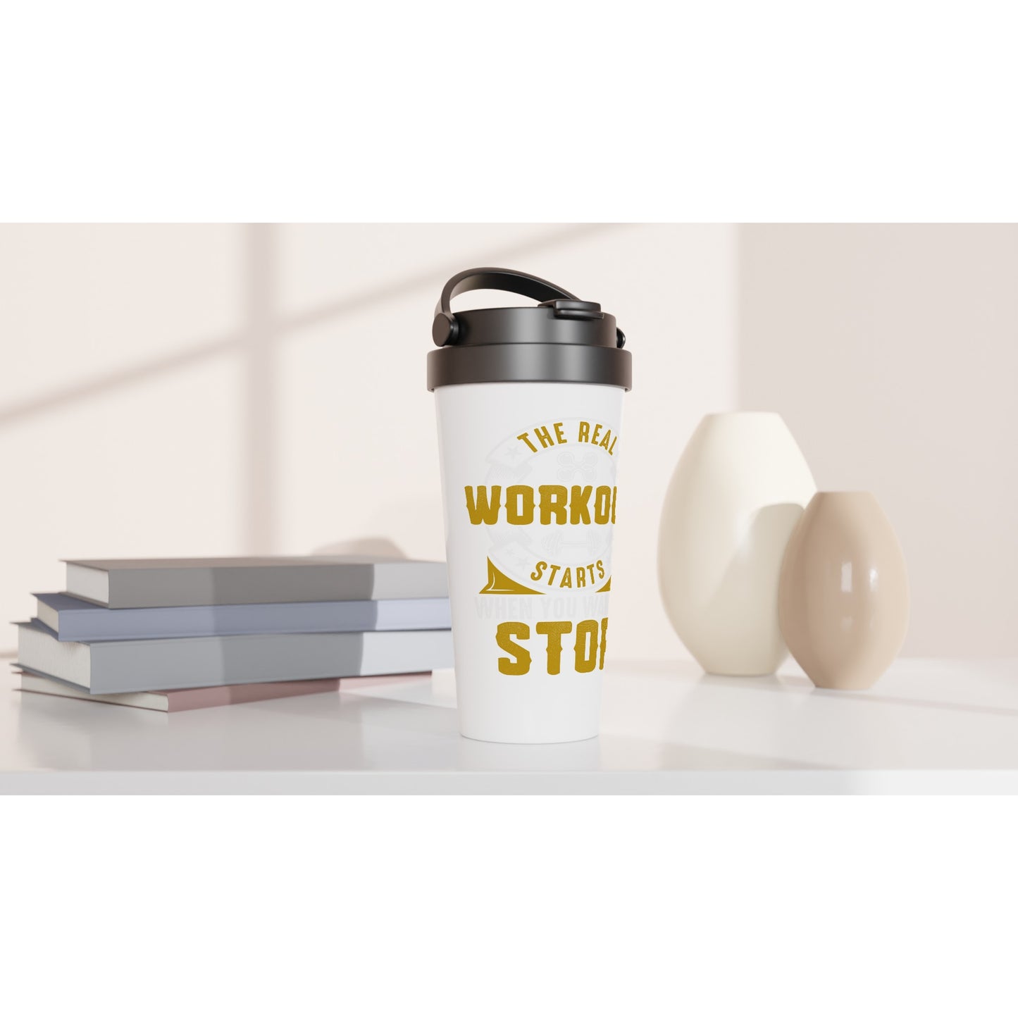 workout - White 15oz Stainless Steel Travel MugThis 15oz stainless steel travel mug will keep your drinks at their desired temperature for hours and its leak-proof design means it won’t spill, no matter where youworkout - White 15oz Stainless Steel Travel Mug