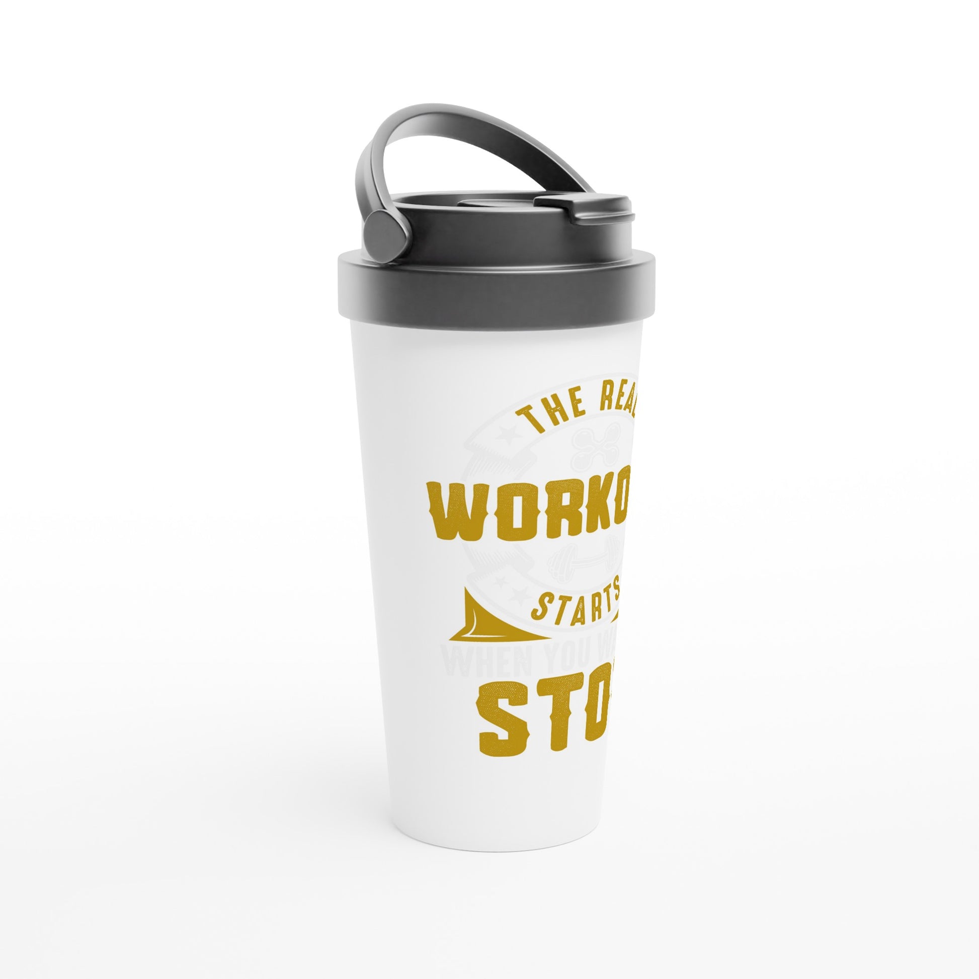 workout - White 15oz Stainless Steel Travel MugThis 15oz stainless steel travel mug will keep your drinks at their desired temperature for hours and its leak-proof design means it won’t spill, no matter where youworkout - White 15oz Stainless Steel Travel Mug