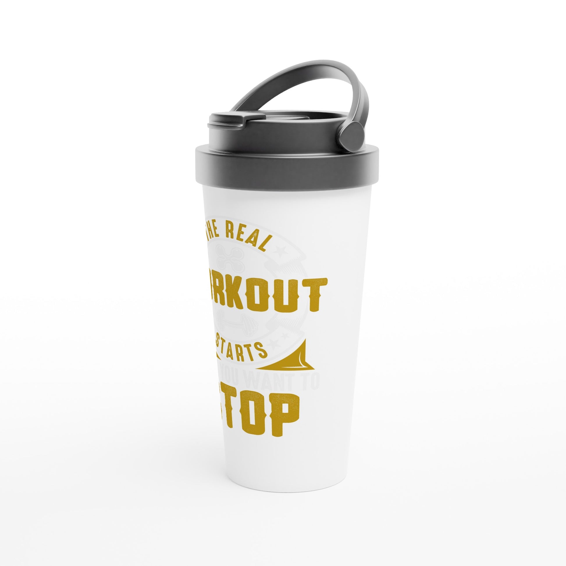 workout - White 15oz Stainless Steel Travel MugThis 15oz stainless steel travel mug will keep your drinks at their desired temperature for hours and its leak-proof design means it won’t spill, no matter where youworkout - White 15oz Stainless Steel Travel Mug