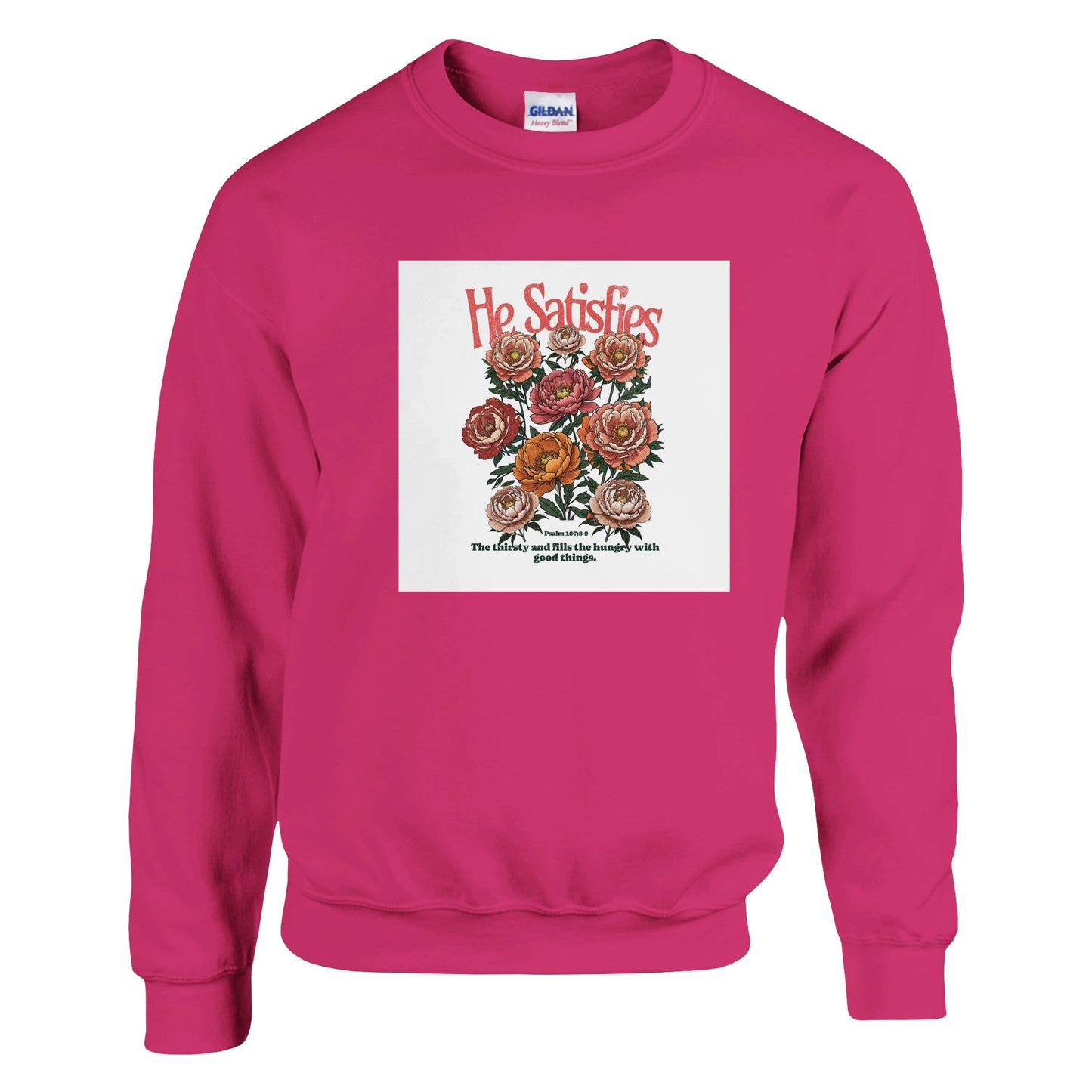 He satisifies - Classic Unisex Crewneck Sweatshirt | Gildan® 18000A heavy blend sweatshirt. Crafted from a soft blend of 50% cotton and 50% polyester.
 Features air jet yarn for a softer feel and reduced pilling.
Double-needle stitsatisifies - Classic Unisex Crewneck Sweatshirt