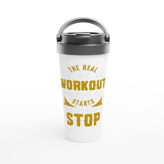 workout - White 15oz Stainless Steel Travel MugThis 15oz stainless steel travel mug will keep your drinks at their desired temperature for hours and its leak-proof design means it won’t spill, no matter where youworkout - White 15oz Stainless Steel Travel Mug