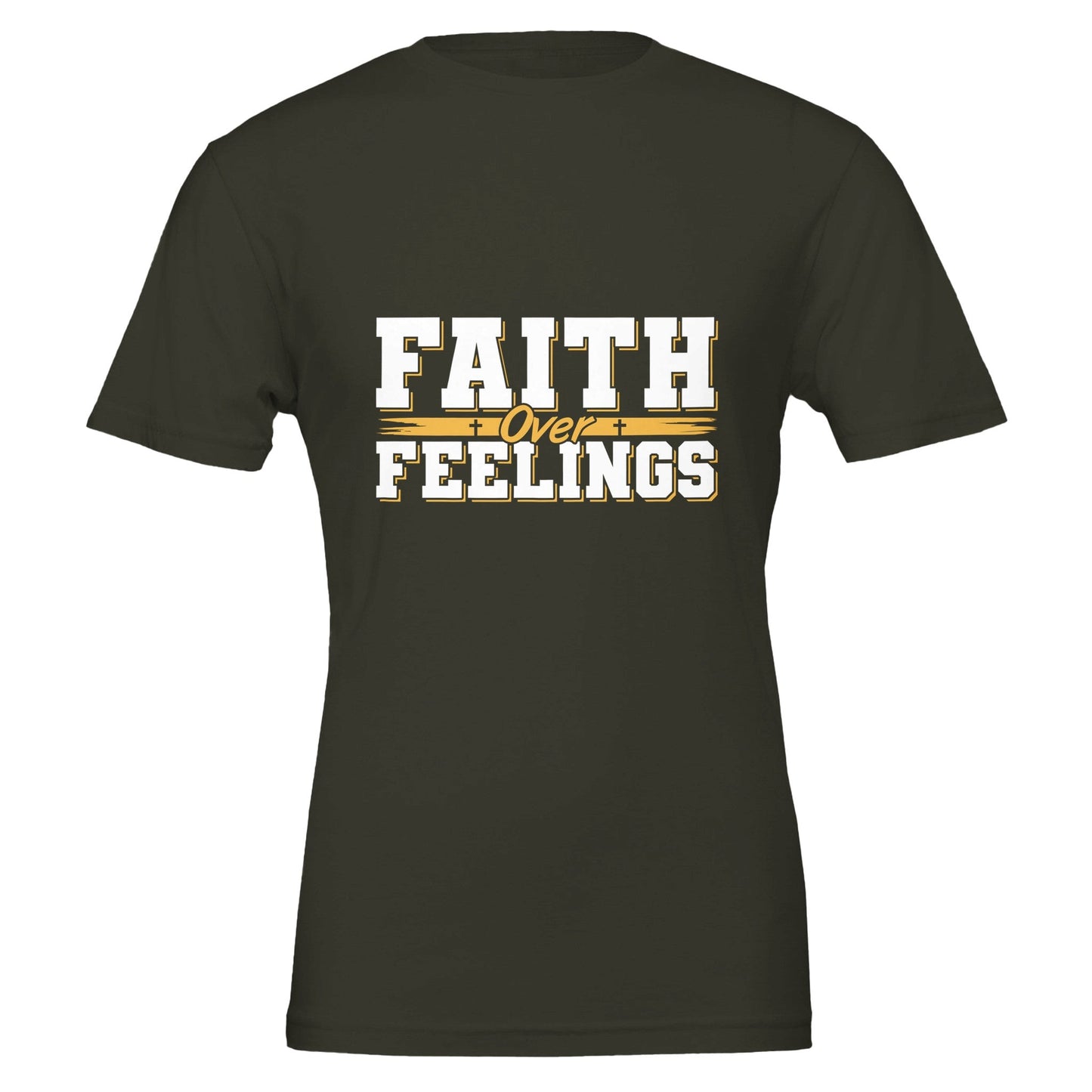 Faith Over Feelings - Premium Unisex Crewneck T-shirt | Bella + CanvasThis t-shirt is renowned for its soft feel and sturdy construction, ideal for DTG printing.

Made from 100% Airlume combed and ring-spun cotton, offering a premium, Feelings - Premium Unisex Crewneck