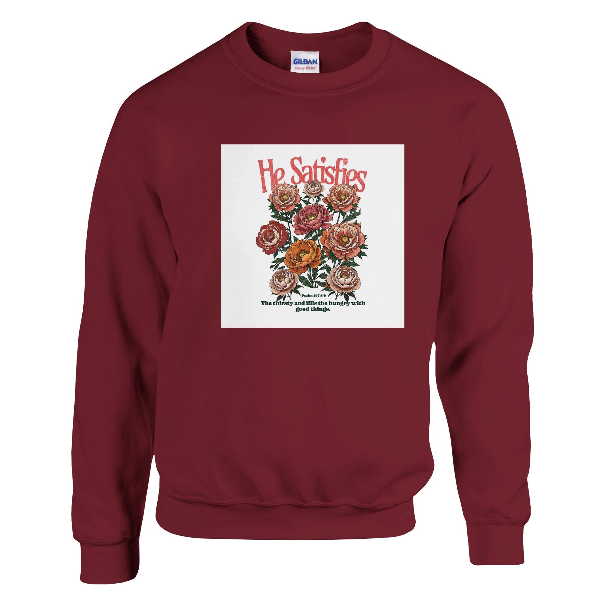 He satisifies - Classic Unisex Crewneck Sweatshirt | Gildan® 18000A heavy blend sweatshirt. Crafted from a soft blend of 50% cotton and 50% polyester.
 Features air jet yarn for a softer feel and reduced pilling.
Double-needle stitsatisifies - Classic Unisex Crewneck Sweatshirt